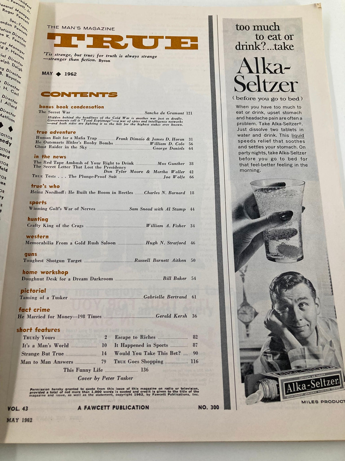 Table of contents from TRUE The Man's Magazine May 1962, featuring articles on the secret war, historical insights, and advertisements, reflecting the Cold War era.