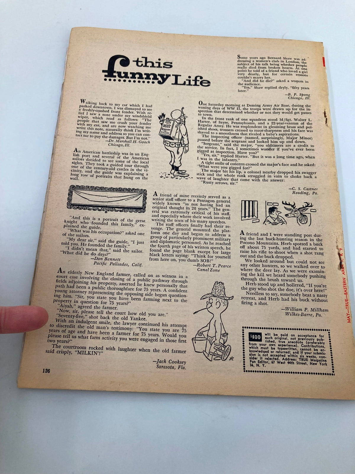 Back cover of TRUE The Man's Magazine May 1962, showcasing vintage cartoon art and humorous content, highlighting its appeal to collectors and history enthusiasts.