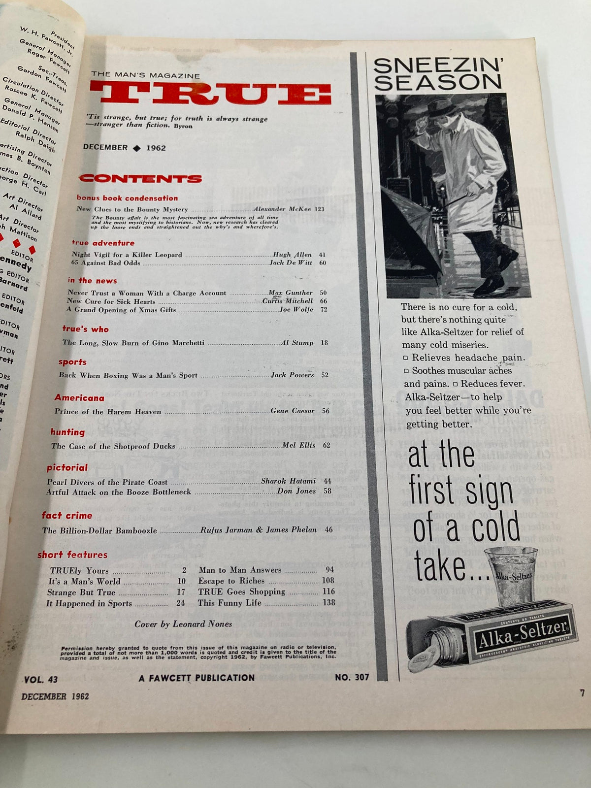 Inside content page of TRUE The Man's Magazine December 1962, featuring article titles and advertisements, including 'Never Trust A Woman with a Charge Account' and Alka-Seltzer promotion.