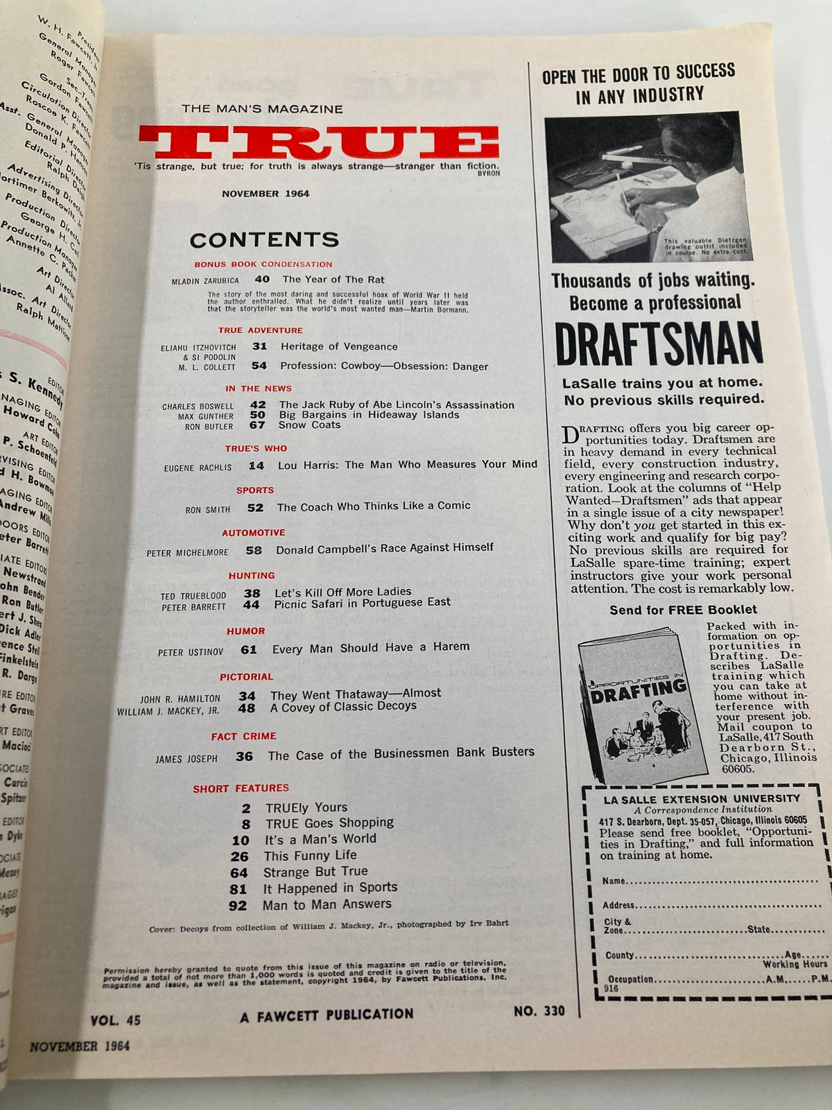 Contents page of TRUE The Man's Magazine November 1964, detailing articles including the Decoy Collection by William J. Mackey Jr. and various features on hunting, sports, and culture.