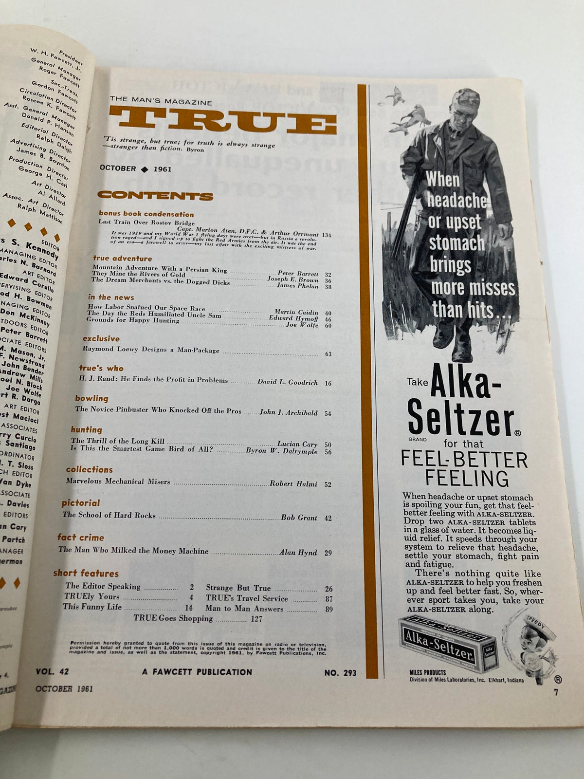 Interior page of TRUE The Man's Magazine October 1961, featuring article contents and advertisements, including 'Last Train Over Rostov Bridge' and an Alka-Seltzer ad.