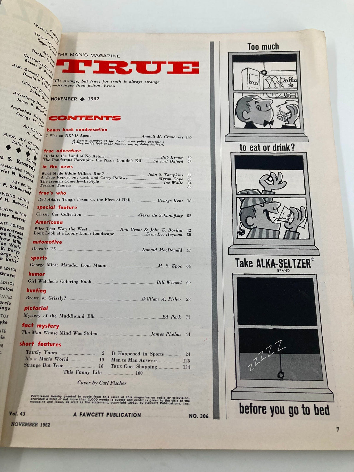 Contents page of TRUE The Man's Magazine November 1962 highlighting articles and features including 'Flight To The Land of No Return'