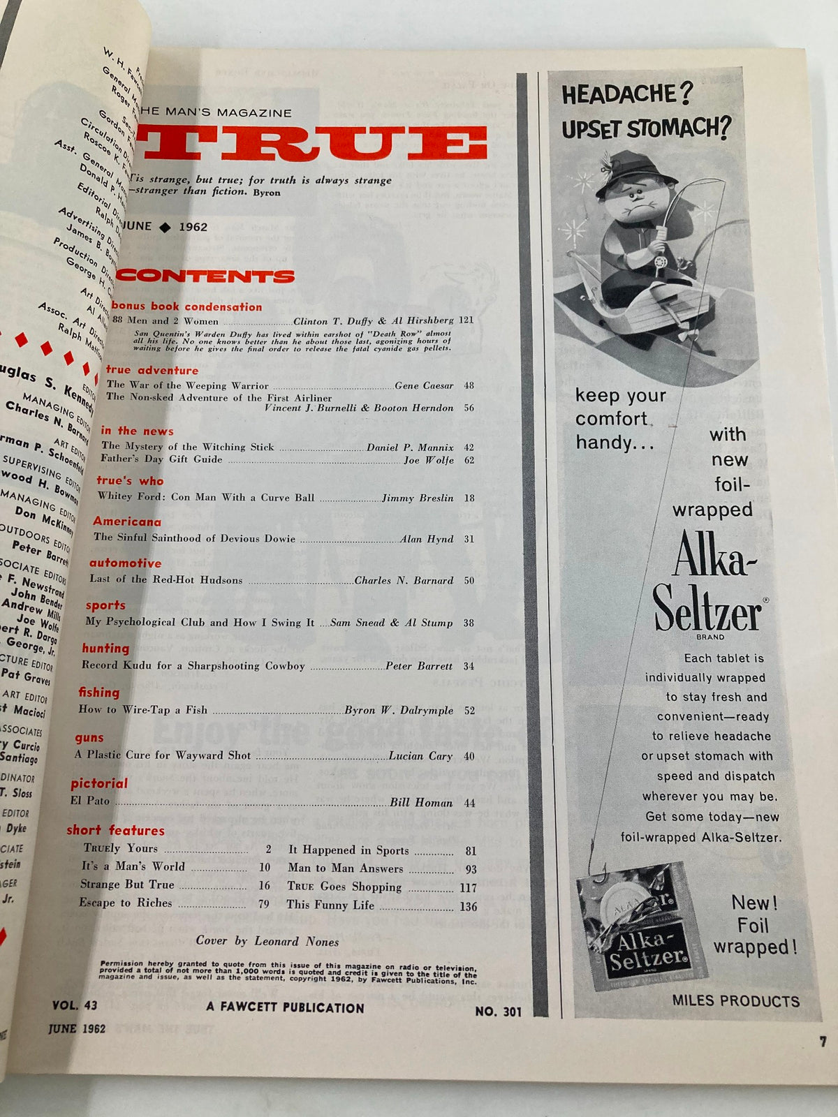 Table of contents from TRUE The Man's Magazine June 1962 featuring articles including 'The War of the Weeping Warrior' and advertisements.