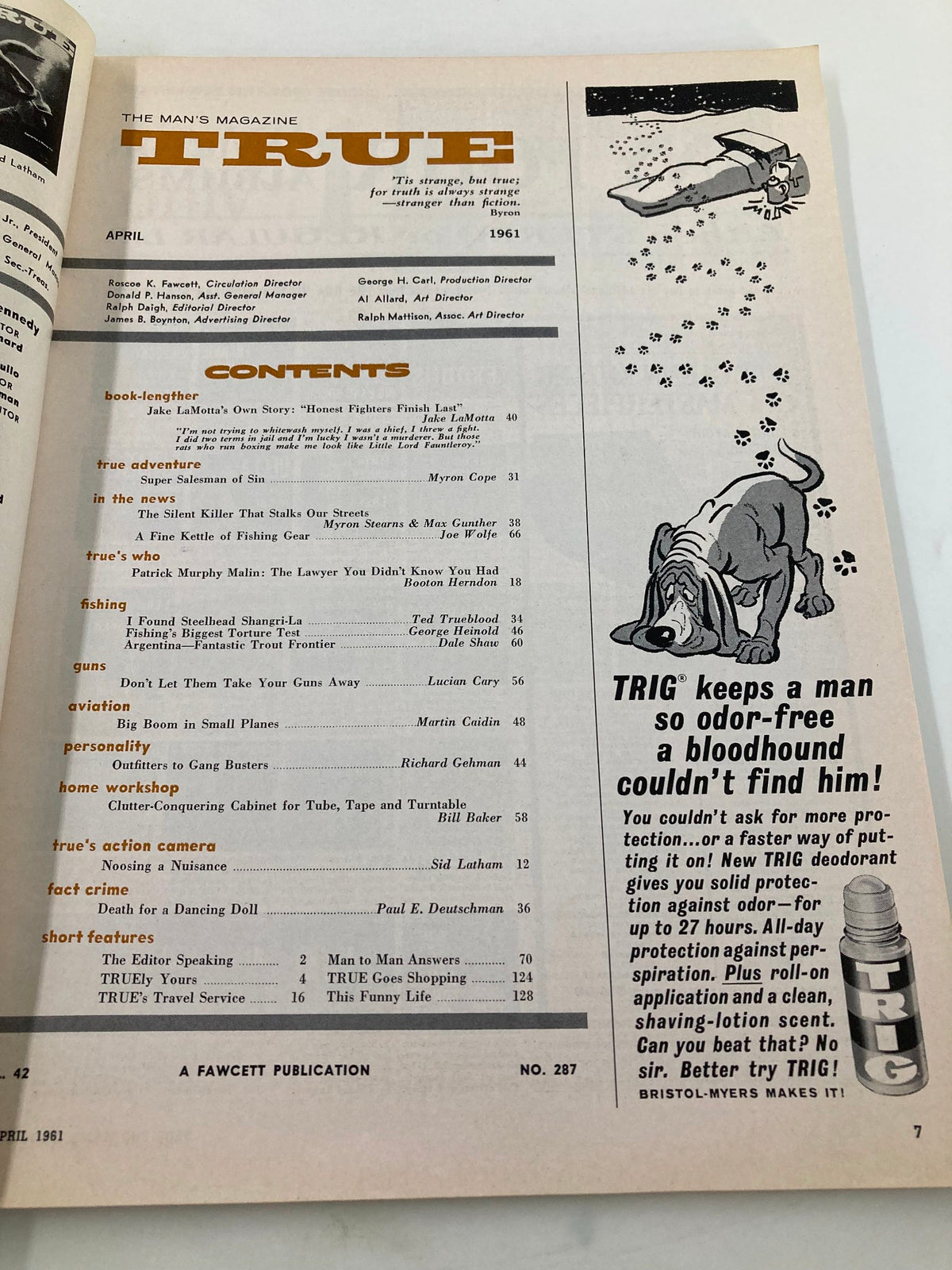 Table of contents from TRUE The Man's Magazine April 1961 showcasing various articles including 'Don't Let Them Take Your Guns Away' and features about fishing and personalities.