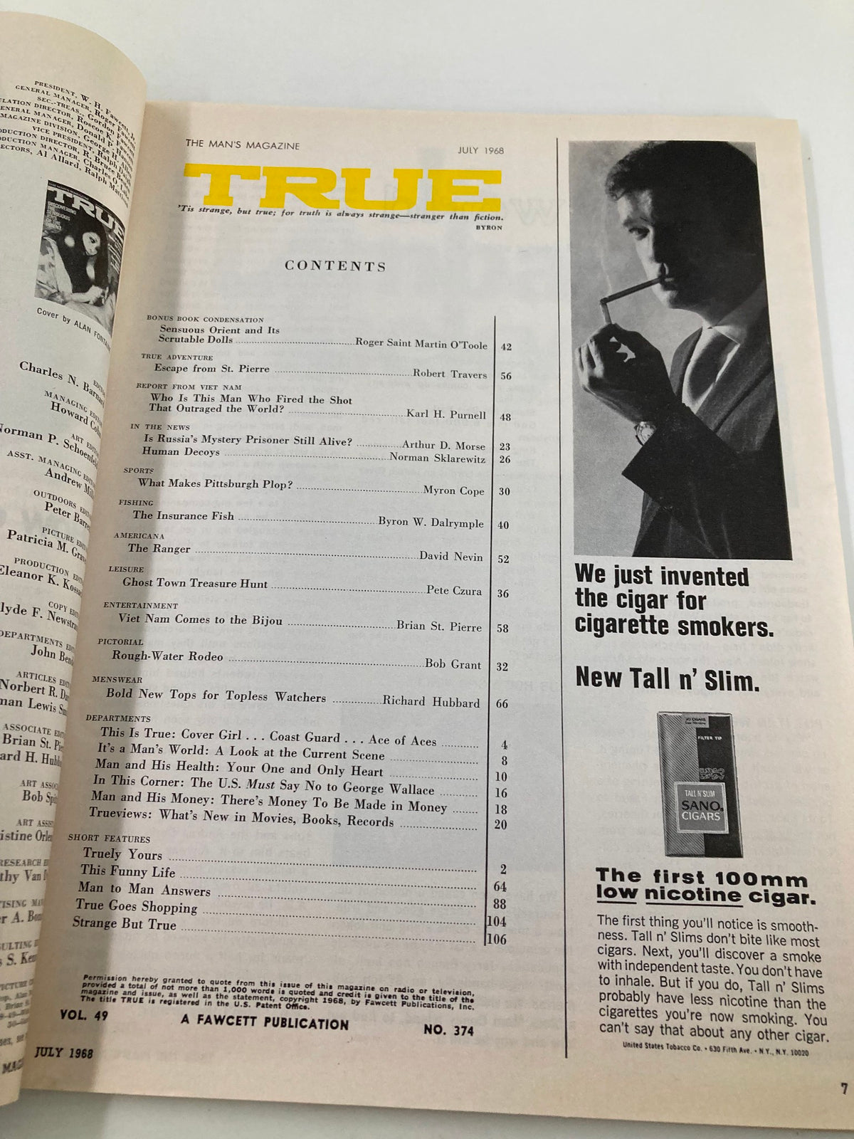 Interior page of TRUE The Man's Magazine July 1968 showing the table of contents, featuring various articles including 'Viet Nam Comes to the Bijou' and advertisements for products like Tall n' Slim cigars.