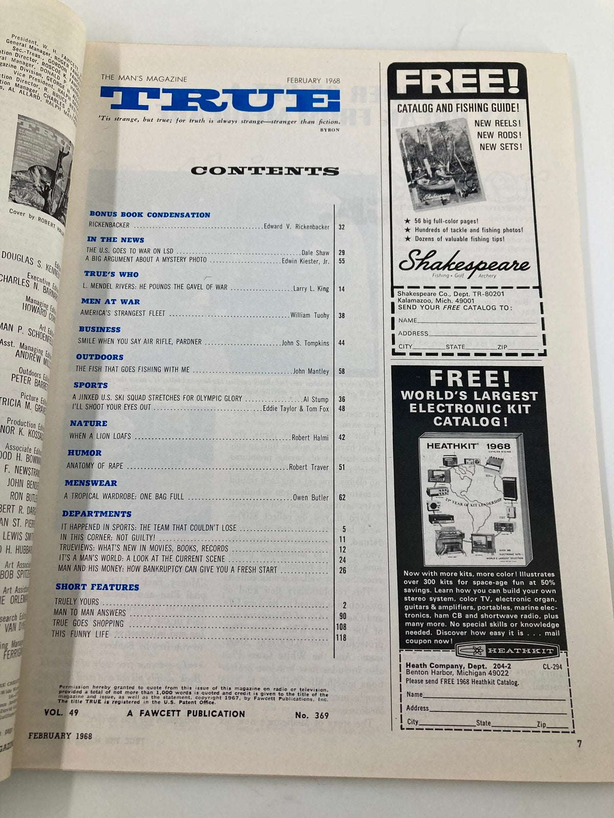 Inside page of TRUE The Man's Magazine February 1968 displaying the table of contents along with various articles including topics such as men's fashion, humor, and outdoor sports.