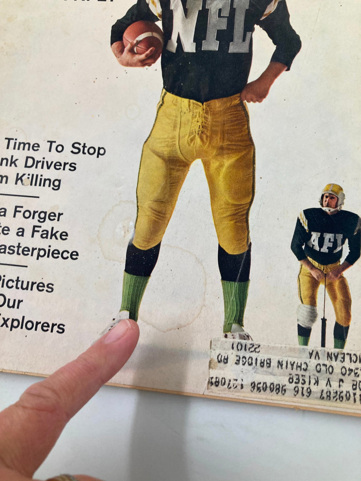 Close-up of the cover of TRUE The Man's Magazine September 1968 highlighting the question about Joe Namath's potential in the NFL, with a football player posing.