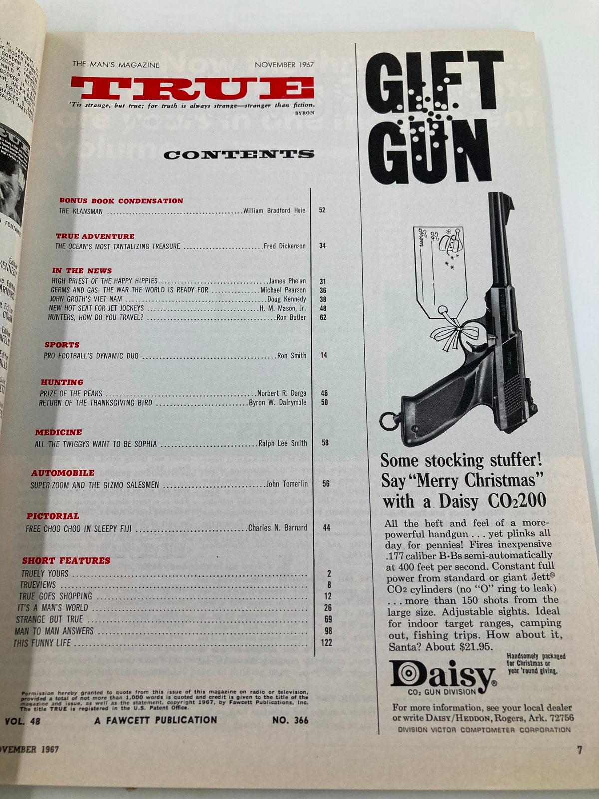 Inside page of TRUE The Man's Magazine November 1967 showcasing the contents section, with articles including 'The Ocean's Most Tantalizing Treasure' and a holiday ad for a Daisy Co200 Gift Gun.