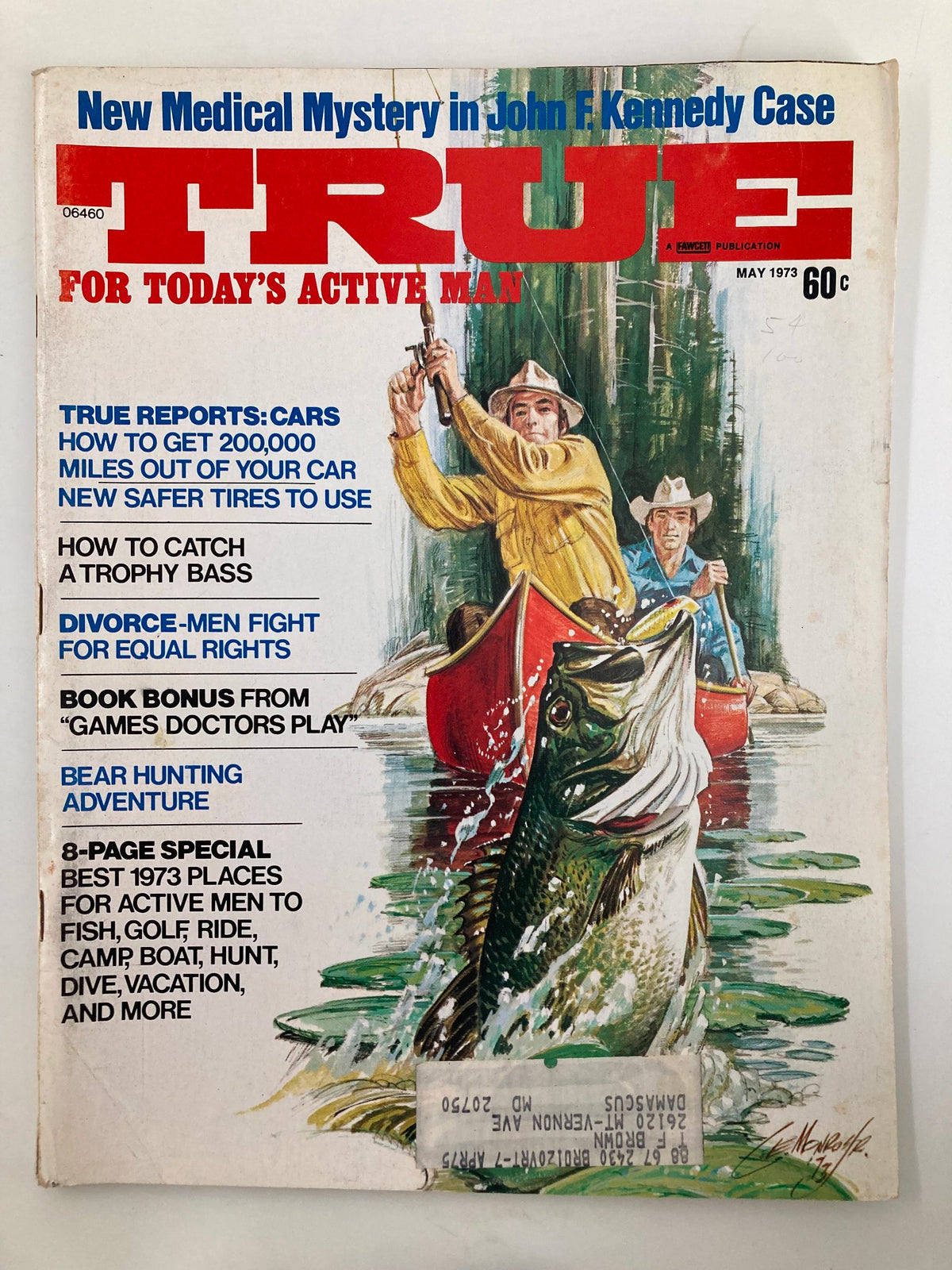 Cover of TRUE The Man's Magazine May 1973 featuring the title 'How To Catch A Trophy Bass', showcasing an illustrated scene of anglers on a river with a large fish leaping out of the water, symbolizing fishing adventures and vintage magazine culture.
