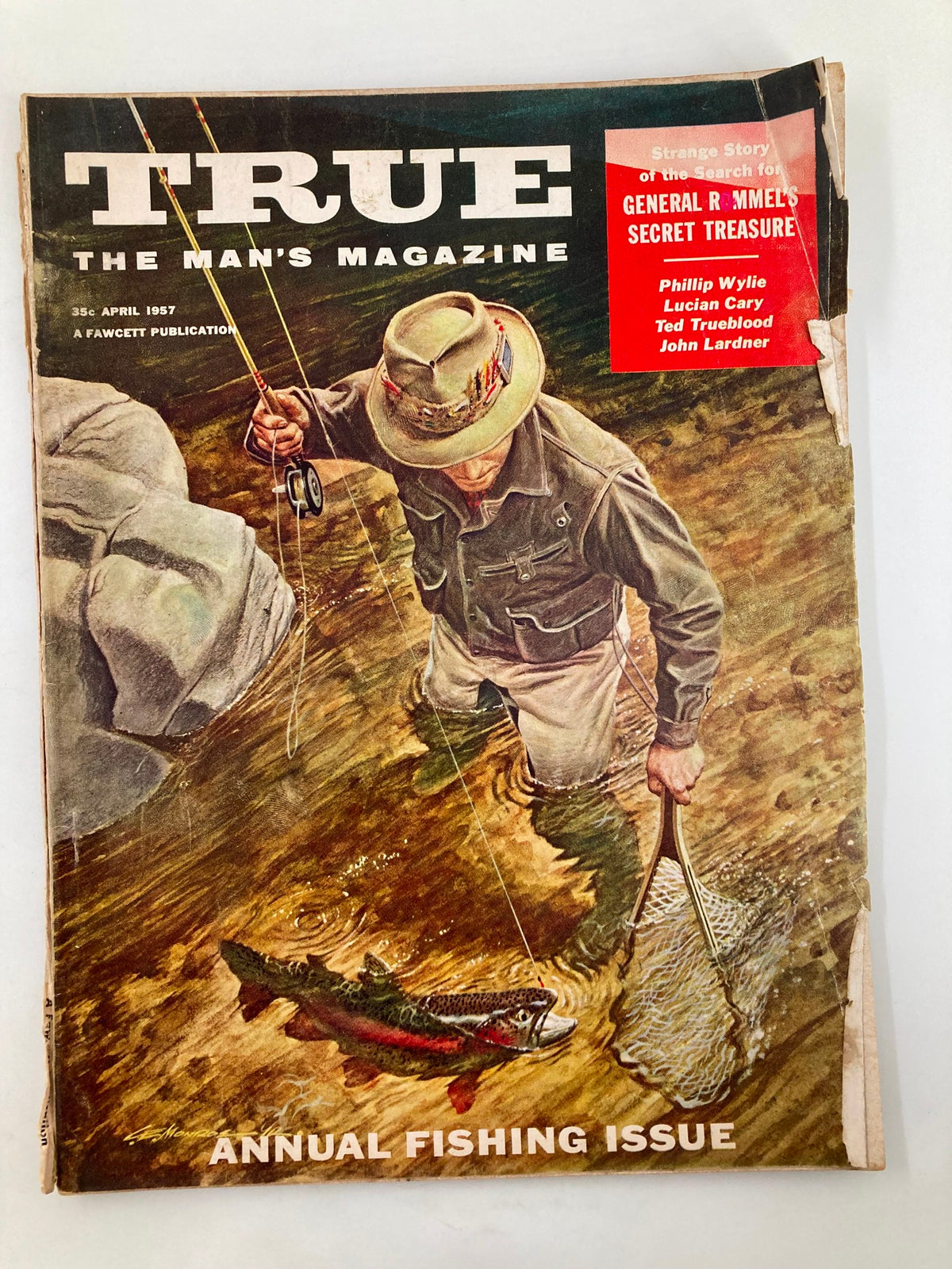 Cover of TRUE The Man's Magazine April 1957 featuring a fisherman in a stream with a trout. This issue includes the cover story 'Big Squawk From Squaw Valley' and highlights General Rommel's Treasure.