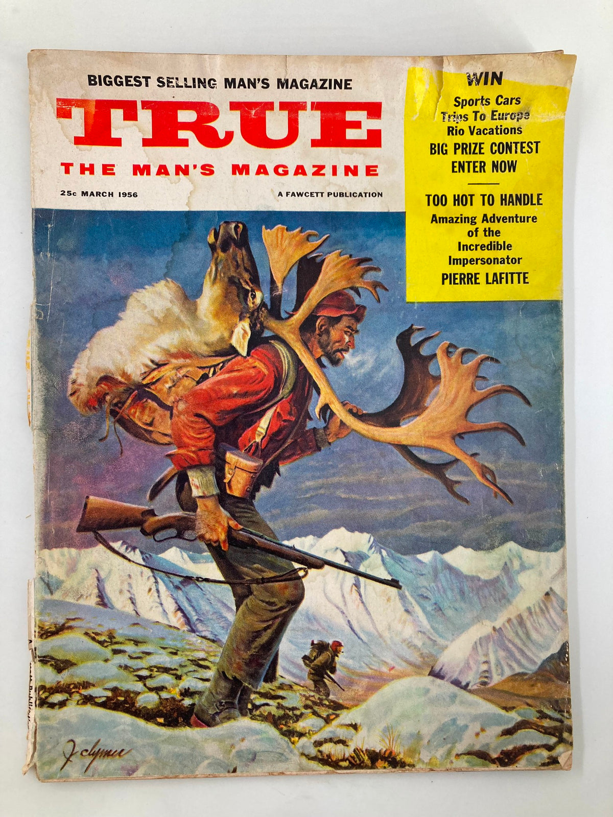 Cover of TRUE The Man's Magazine March 1956 featuring an adventurous illustration of a hunter with a moose, showcasing vintage magazine artwork.