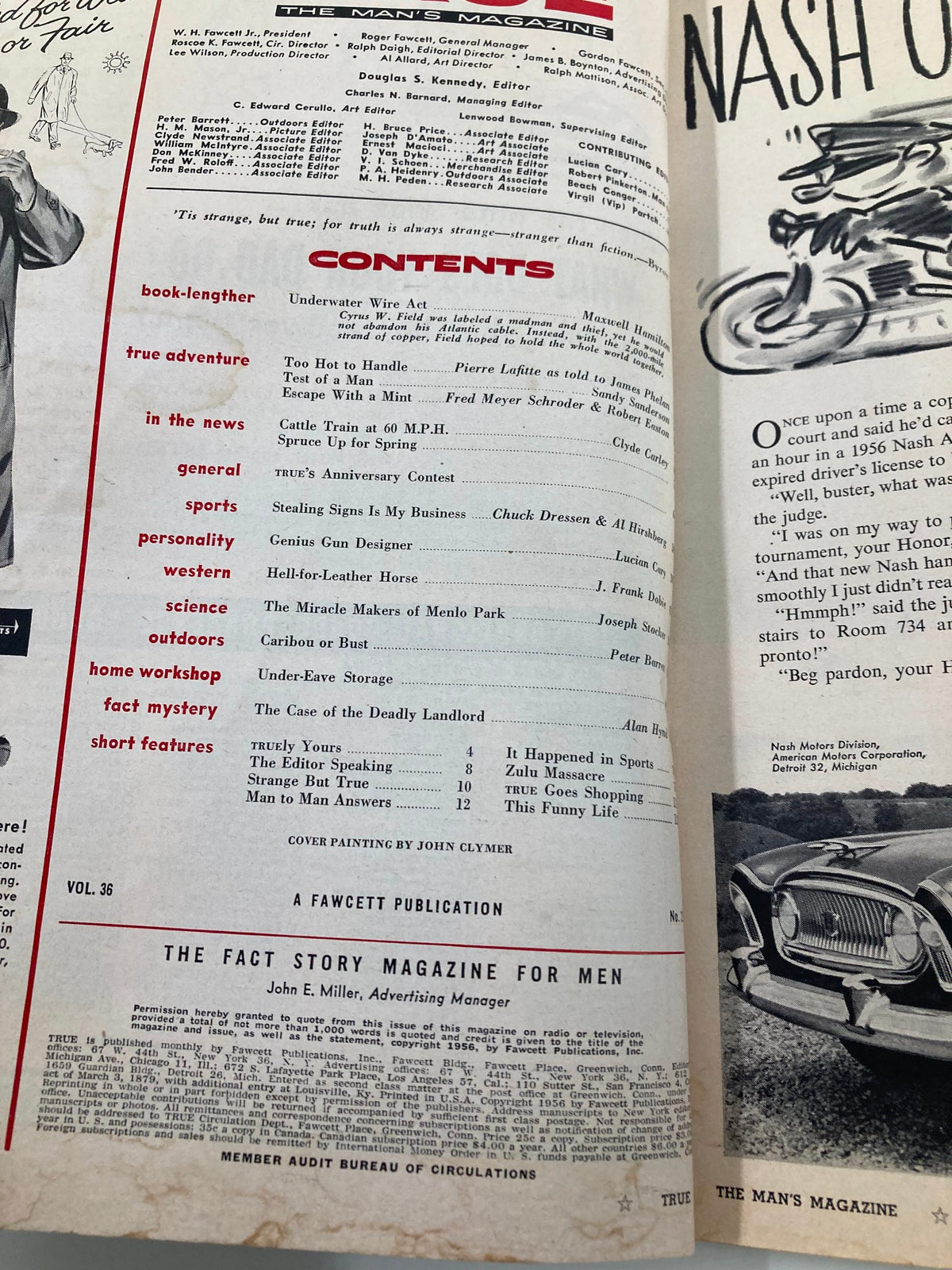 Inside contents page from TRUE The Man's Magazine March 1956, listing various articles including 'The Case of the Deadly Landlord'.