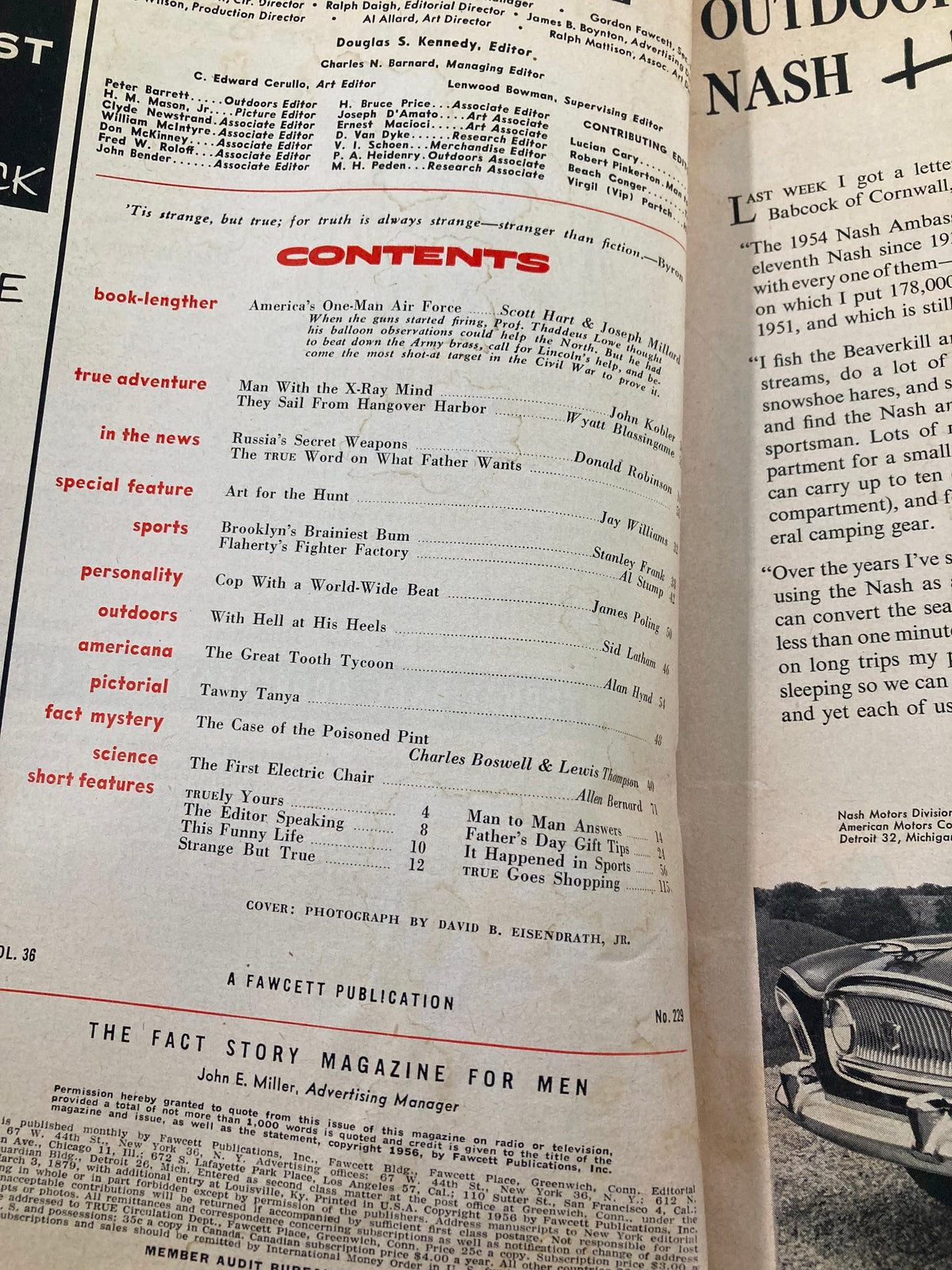 Interior page showcasing the contents of TRUE The Man's Magazine June 1956, detailing articles including 'The Man with the X-Ray Mind' and 'First Pictures of Russia’s Secret Weapons'.