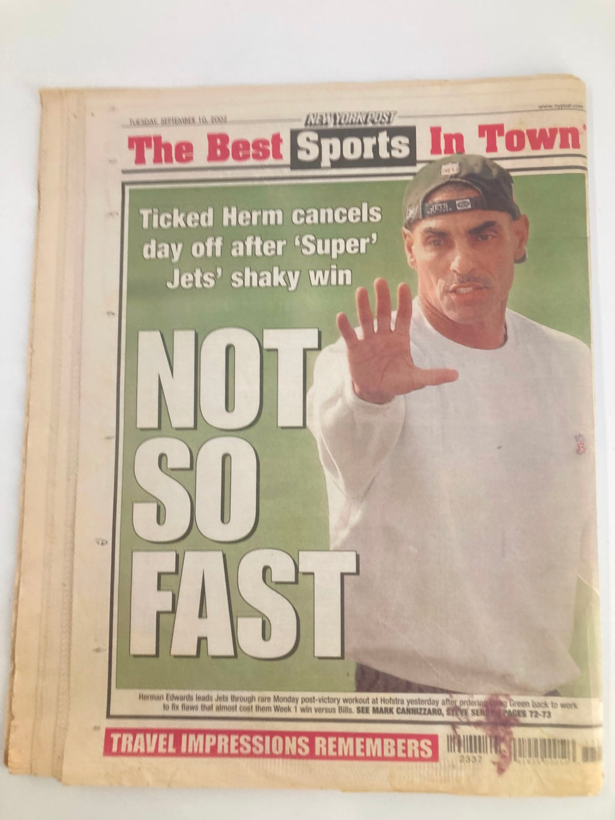 New York Post Newspaper from September 10, 2002, featuring the headline 'NOT SO FAST' with an image of a man holding up his hand. The article discusses Herm Edwards canceling a day off after the Super Jets' shaky win.