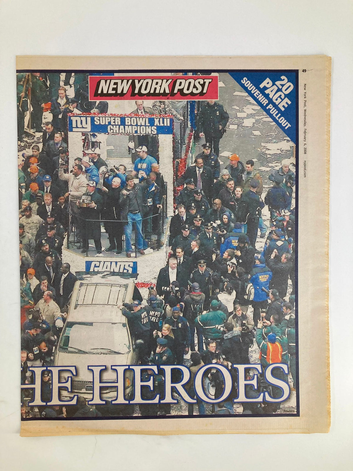 New York Post Newspaper February 6 2008 featuring the headline 'Giants Hail To The Heroes' with an image of a celebratory parade, showcasing fans and players in a crowd celebrating the Giants' Super Bowl victory.