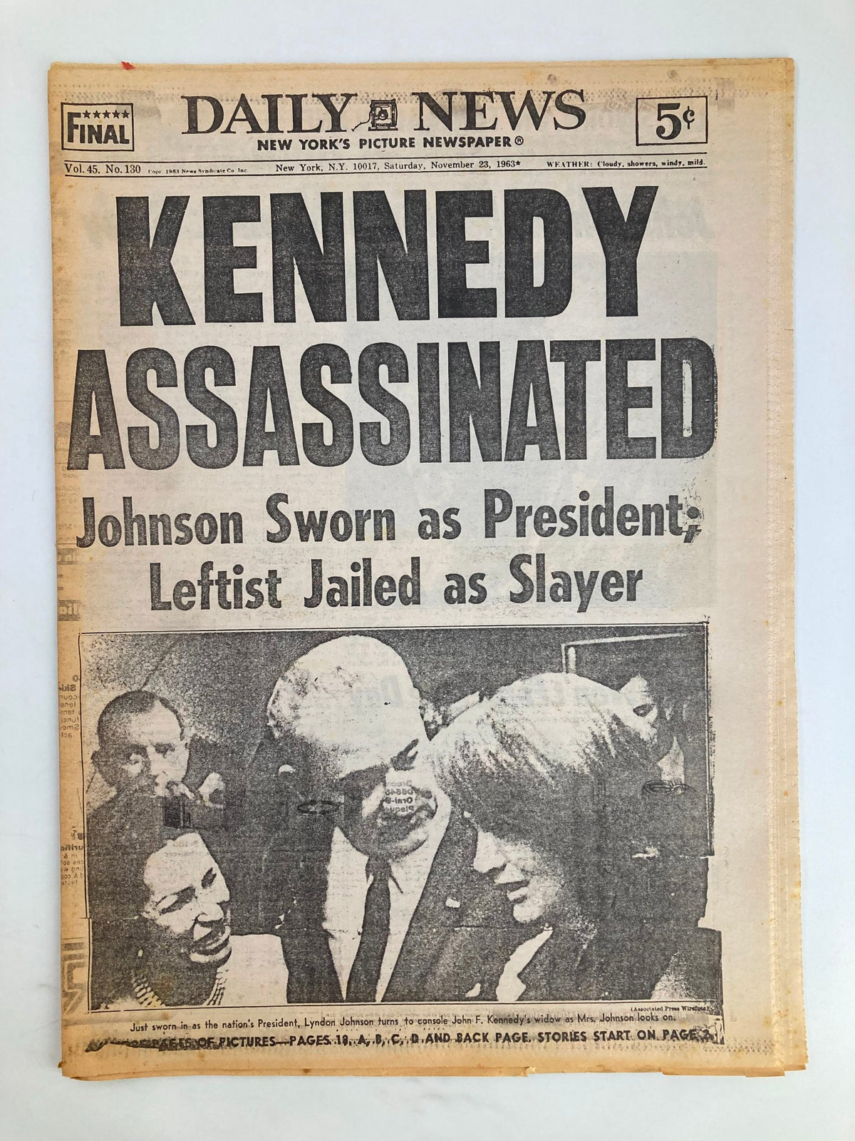 VTG Daily News Newspaper November 23 1963 featuring the bold headline 'Kennedy Assassinated' with coverage on the assassination of President John F. Kennedy and Johnson sworn as President.