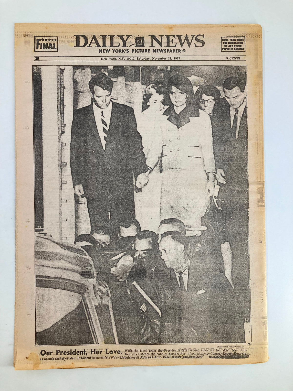 VTG Daily News Newspaper November 23 1963 depicting a historical moment with Jackie Kennedy and Lyndon Johnson, commemorating the aftermath of JFK's assassination.