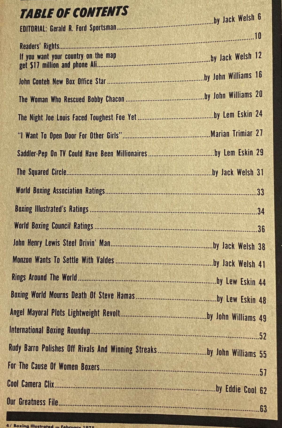 Table of Contents from Boxing Illustrated Magazine February 1975, listing articles on boxing topics including editorial contributions and features on legendary fighters.
