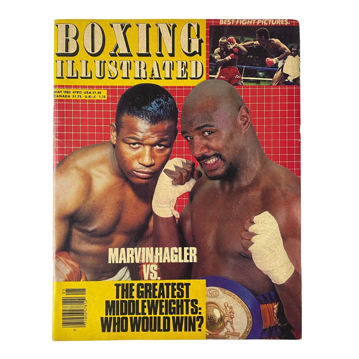 Boxing Illustrated Magazine May 1983 featuring Marvin Hagler on the cover, showcasing a match-up between legendary middleweights. The magazine emphasizes fight analysis and historical boxing content.