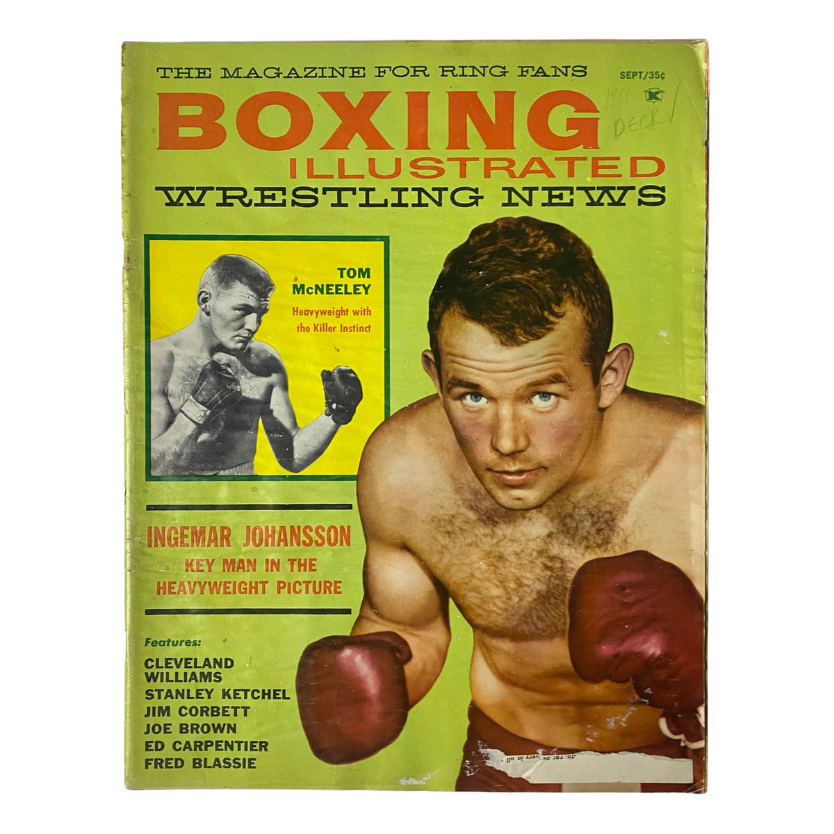 Cover of Boxing Illustrated Magazine September 1961 featuring heavyweight boxer Ingemar Johansson, with a photo of Tom McNeeley and details about the heavyweight picture.