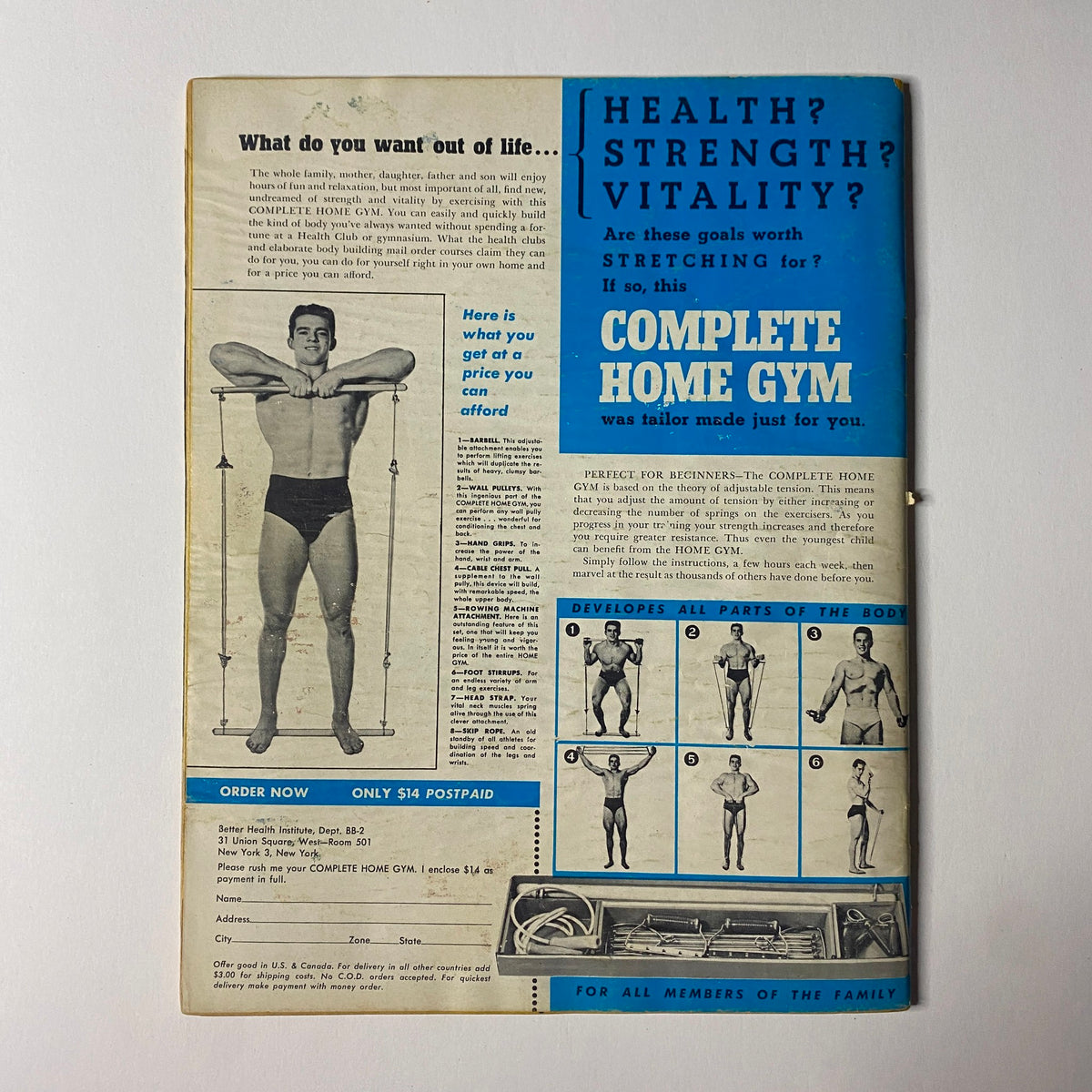 Promotional advertisement for Complete Home Gym from the September 1961 Boxing Illustrated Magazine, demonstrating fitness exercises and attracting sports enthusiasts.