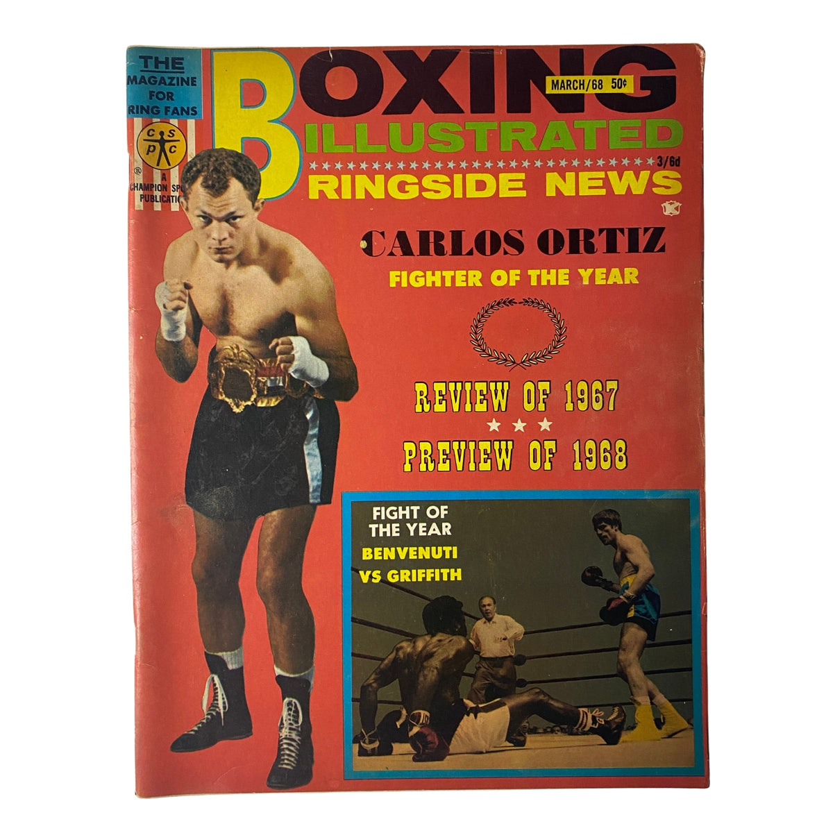 Vintage Boxing Illustrated Magazine March 1968 featuring Carlos Ortiz as Fighter of the Year on the cover. This issue highlights comprehensive boxing reviews and historical coverage.
