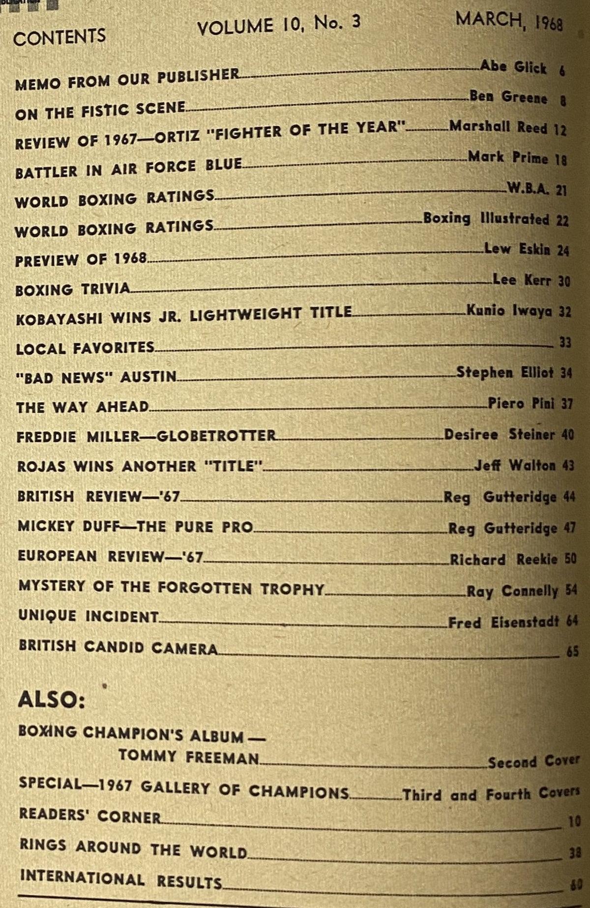 Contents page of Boxing Illustrated Magazine March 1968, Volume 10, No. 3. Includes sections on the review of 1967, Ortiz as Fighter of the Year, and a preview of boxing events in 1968.