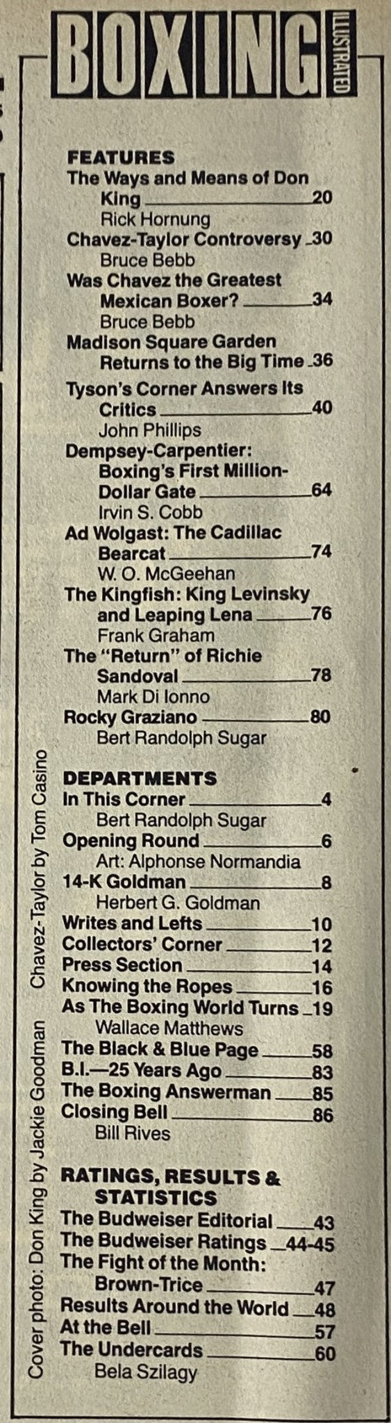 Contents page of Boxing Illustrated Magazine July 1990, outlining featured articles and topics including Don King, Tyson’s Corner, and boxing legends.