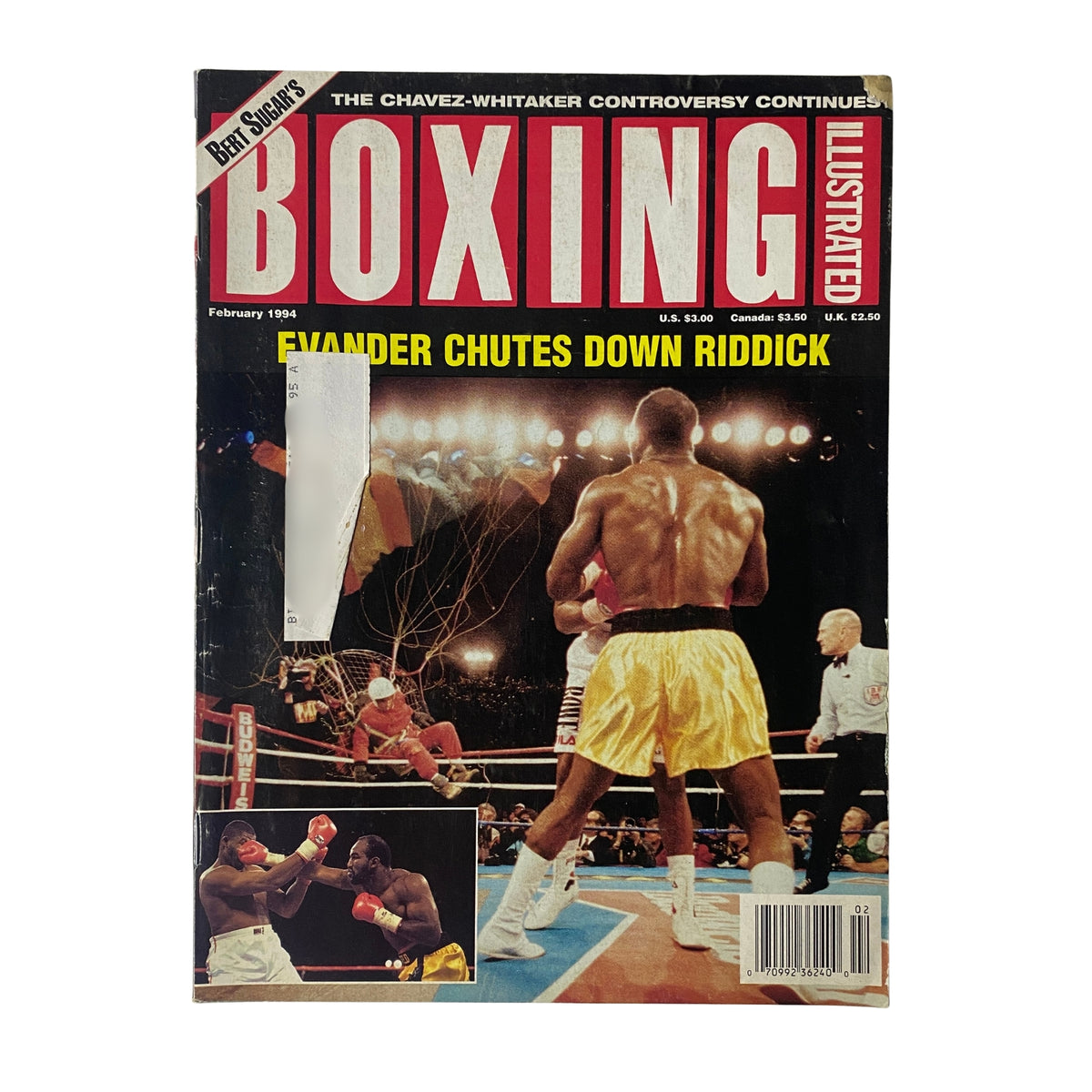 Cover of Boxing Illustrated magazine from February 1994 featuring Evander Holyfield vs. Riddick Bowe, showcasing Holyfield in the ring during the match.