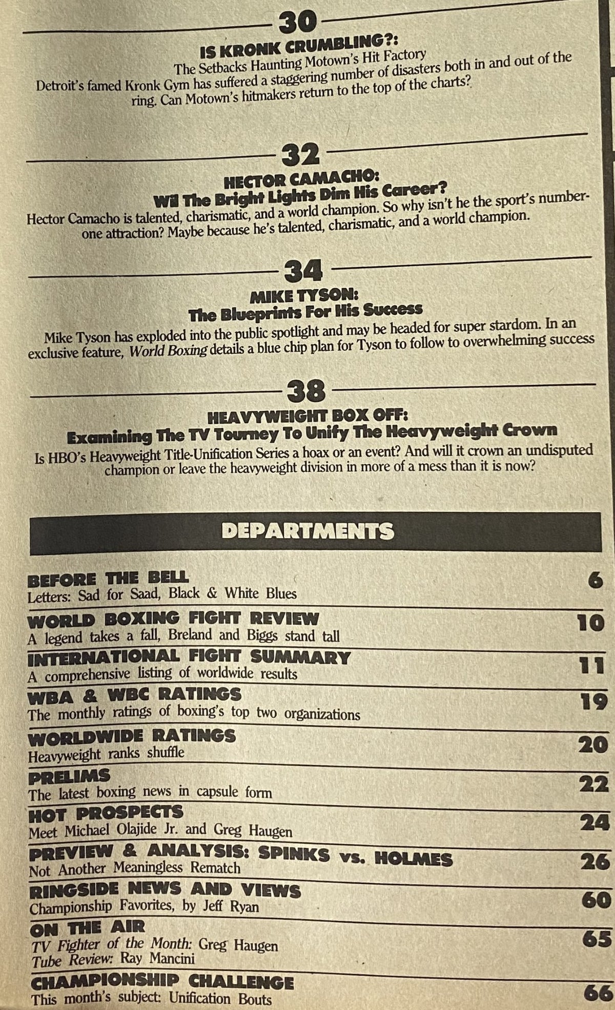 World Boxing Magazine May 1986 Mike Tyson Cover No Label featuring a table of contents with featured articles and departments such as key insights on Mike Tyson, Hector Camacho, and the heavyweight division.