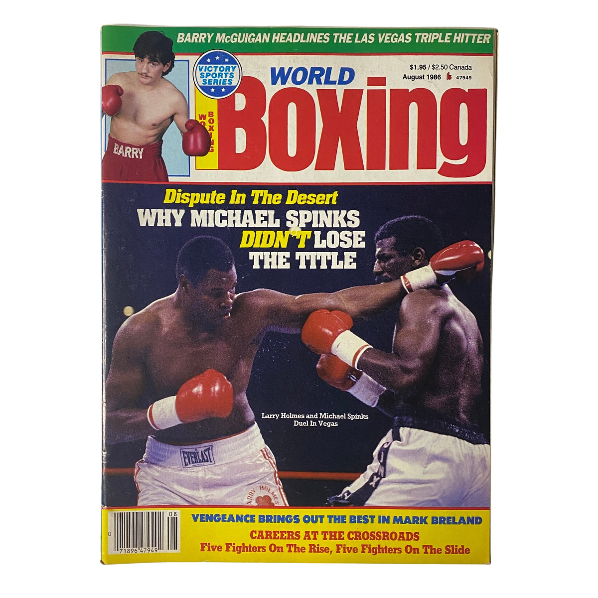 Cover of World Boxing Magazine August 1986 featuring Larry Holmes and Michael Spinks with the headline 'Dispute In The Desert: Why Michael Spinks Didn't Lose the Title'. Highlights the rematch controversy over the IBF heavyweight championship.