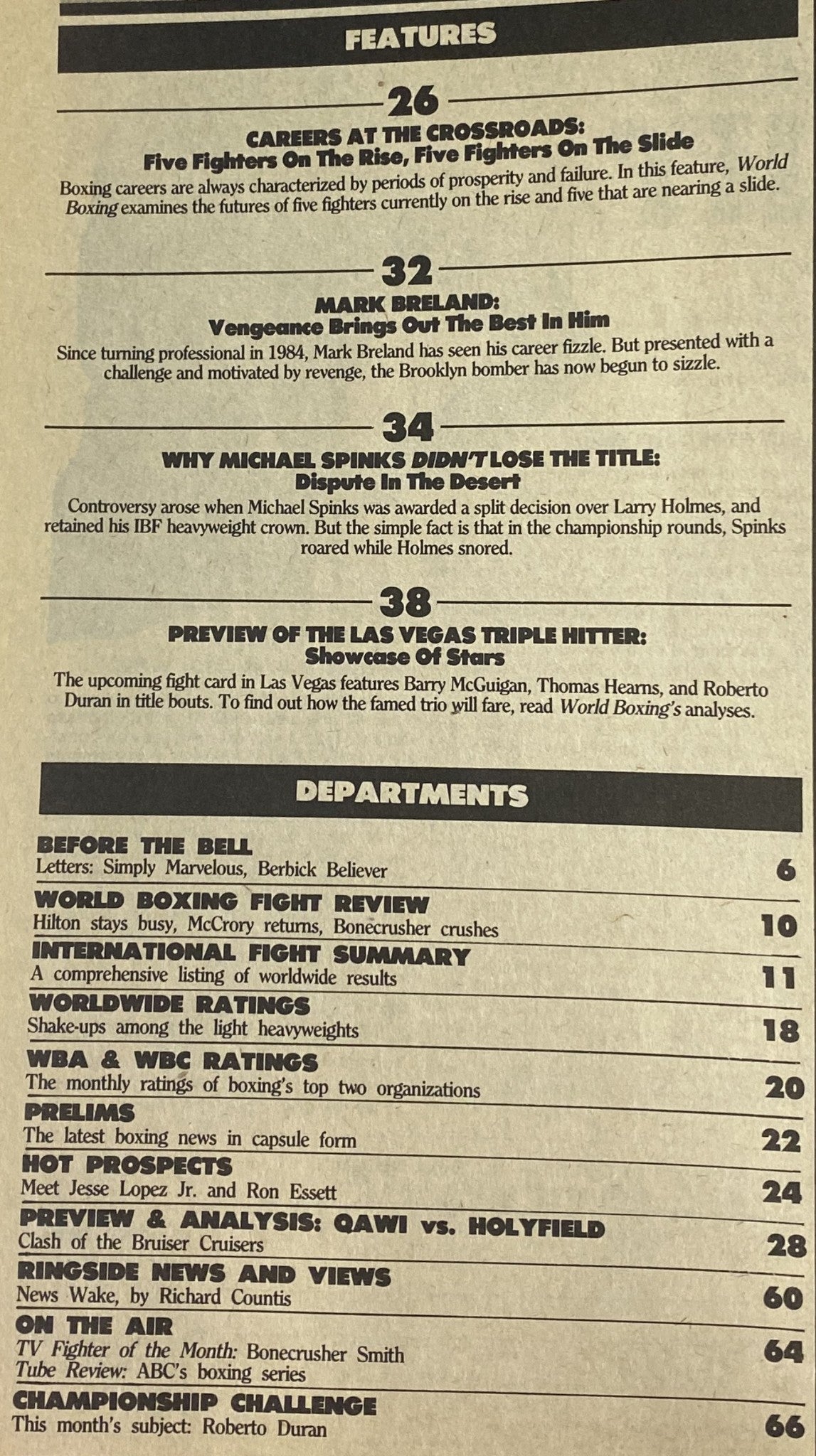 Inside page of World Boxing Magazine August 1986 detailing features on boxing topics, including 'Careers at the Crossroads' and 'Mark Breland: Vengeance Brings Out the Best in Him'.