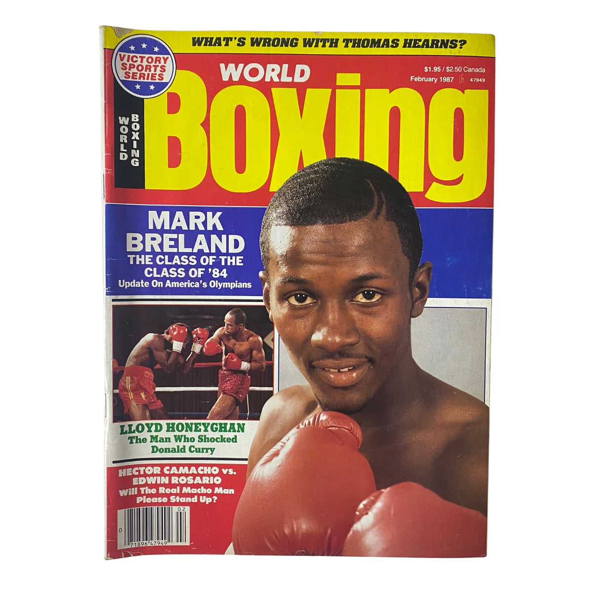 Cover of World Boxing Magazine February 1987 featuring Mark Breland and Lloyd Honeyghan. It showcases Breland in boxing gloves and highlights articles on legendary boxers and significant events in boxing history.