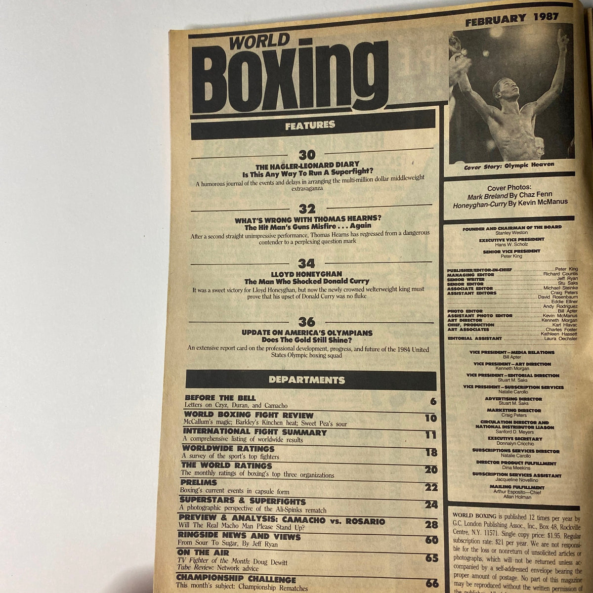 Interior page from World Boxing Magazine February 1987 displaying the features section, including titles like 'What's Wrong with Thomas Hearns?' and in-depth analysis of boxing's notable events and fighters.