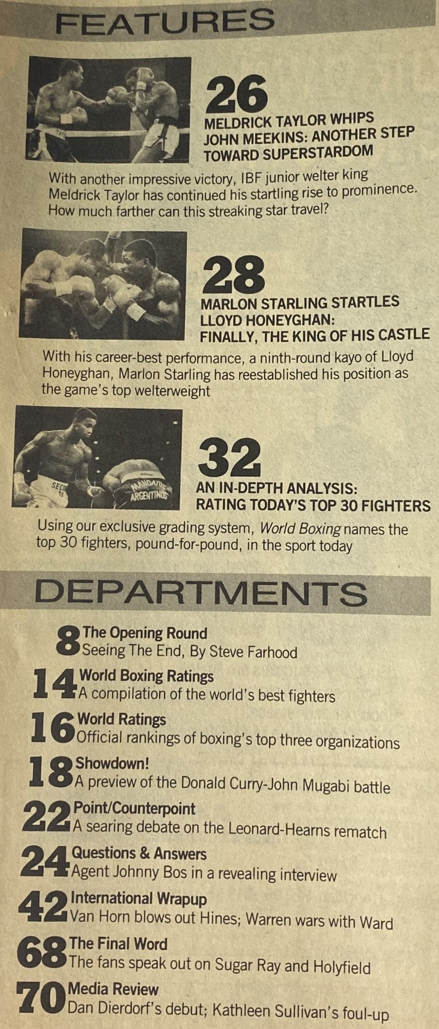 Features page from World Boxing Magazine June 1989, detailing articles including Meldrick Taylor's victory, Marlon Starling's upset, and the analysis of top fighters.