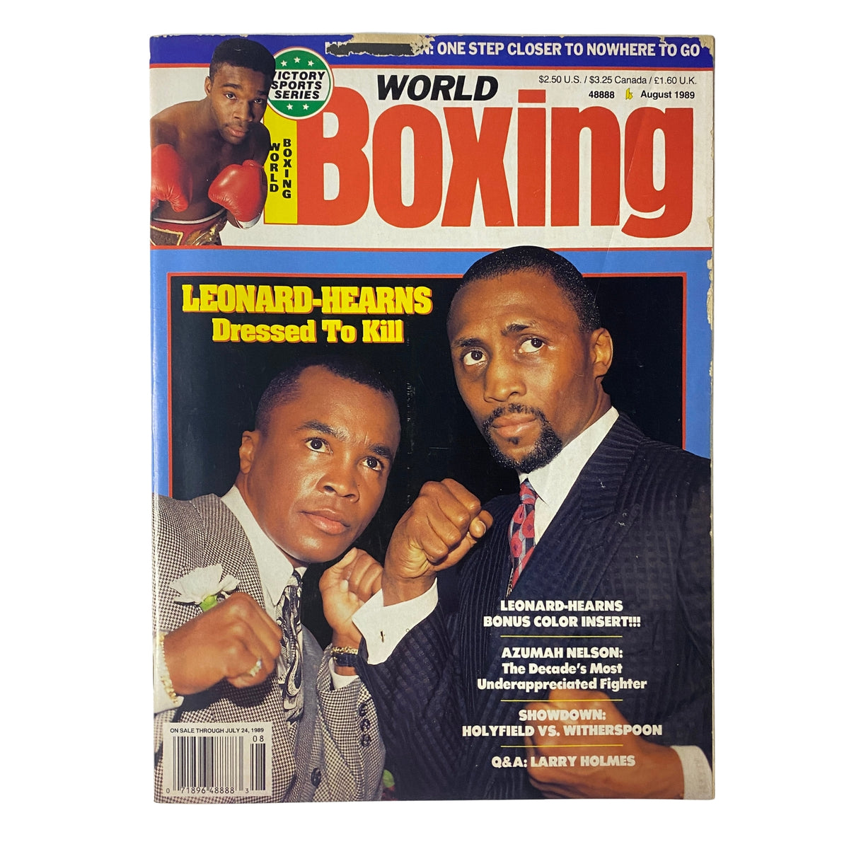 Cover of World Boxing Magazine August 1989 featuring Sugar Ray Leonard and Thomas Hearns, with the headline 'Leonard-Hearns Dressed to Kill.' This issue focuses on their rematch and includes articles on notable fighters like Azumah Nelson and Evander Holyfield.