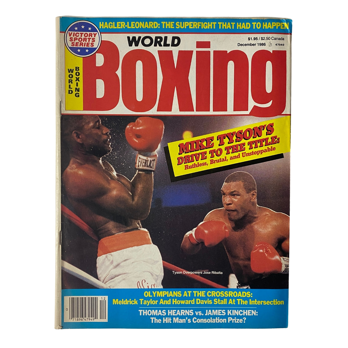 Cover of World Boxing Magazine December 1986 featuring Mike Tyson and Jose Ribalta, highlighting Tyson's path to the heavyweight title with powerful imagery and bold text.