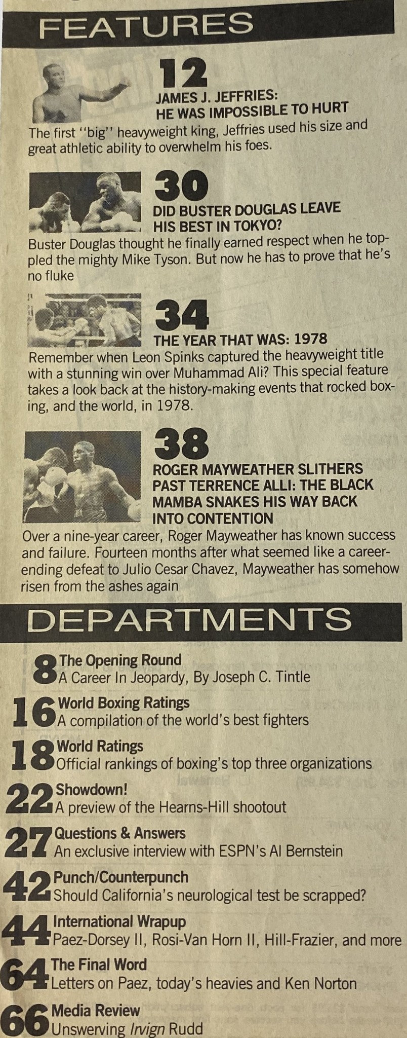 World Boxing Magazine December 1990 features page detailing articles including James J. Jeffries, Buster Douglas, and Roger Mayweather. This issue reflects on significant events in boxing history and provides insights into notable fighters.