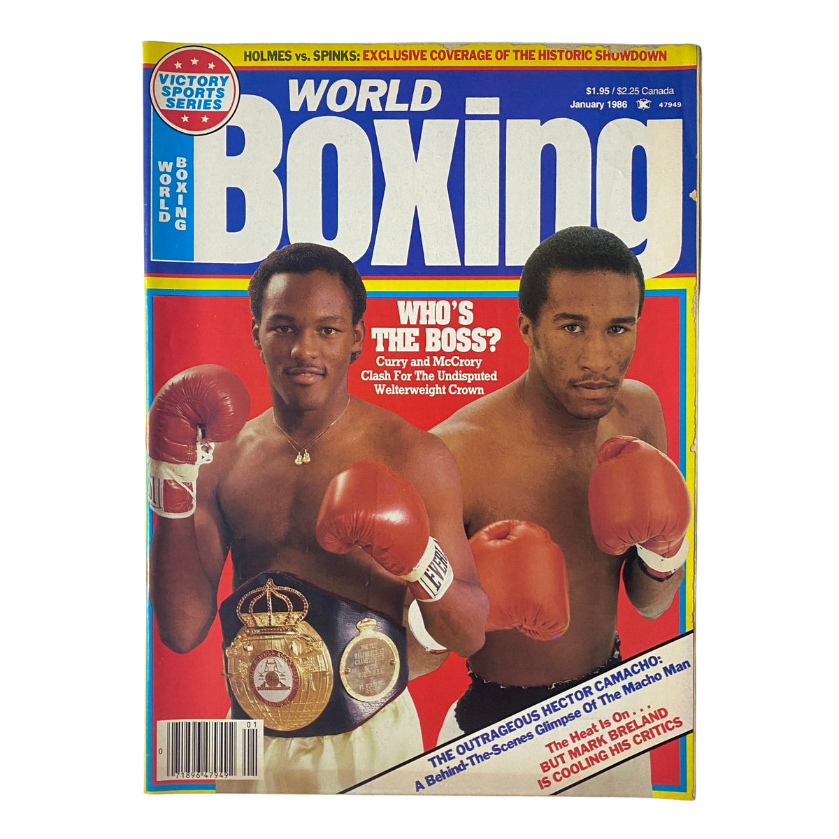 World Boxing Magazine January 1986 featuring Donald Curry and Milton McCrory on the cover, highlighting their welterweight championship clash. The magazine includes elements like boxing gloves and championship belts.