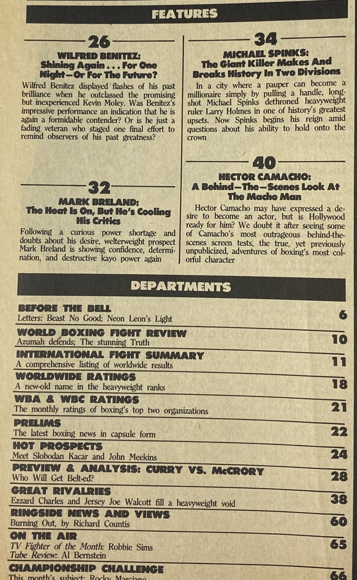 Inside World Boxing Magazine January 1986, showcasing feature articles on prominent boxers like Wilfred Benitez, Michael Spinks, Mark Breland, and Hector Camacho. The layout includes article titles and page numbers, emphasizing its informative content.