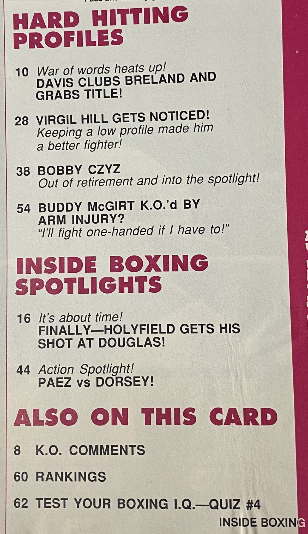 Inside Boxing Magazine No. 4 displaying a page layout with headlines highlighting key boxing events and profiles, emphasizing the magazine's engaging content.