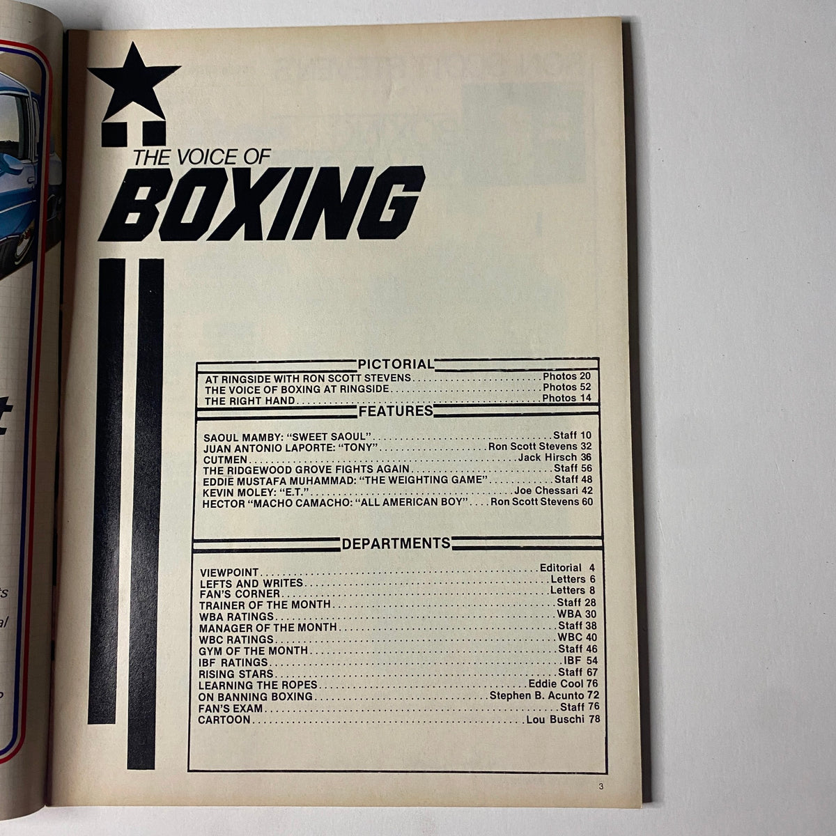 An interior page of The Voice of Boxing Magazine from January 1985, displaying the table of contents, highlighting features and pictorials including Hector 'Macho' Camacho and other notable boxing figures.