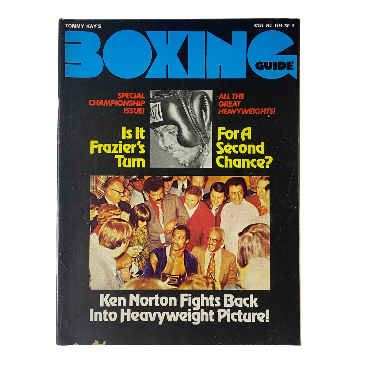 Boxing Guide Magazine December 1974 featuring Joe Frazier and Ken Norton on the cover, titled 'Is It Frazier's Turn for a Second Chance?' highlighting the heavyweight boxing scene.