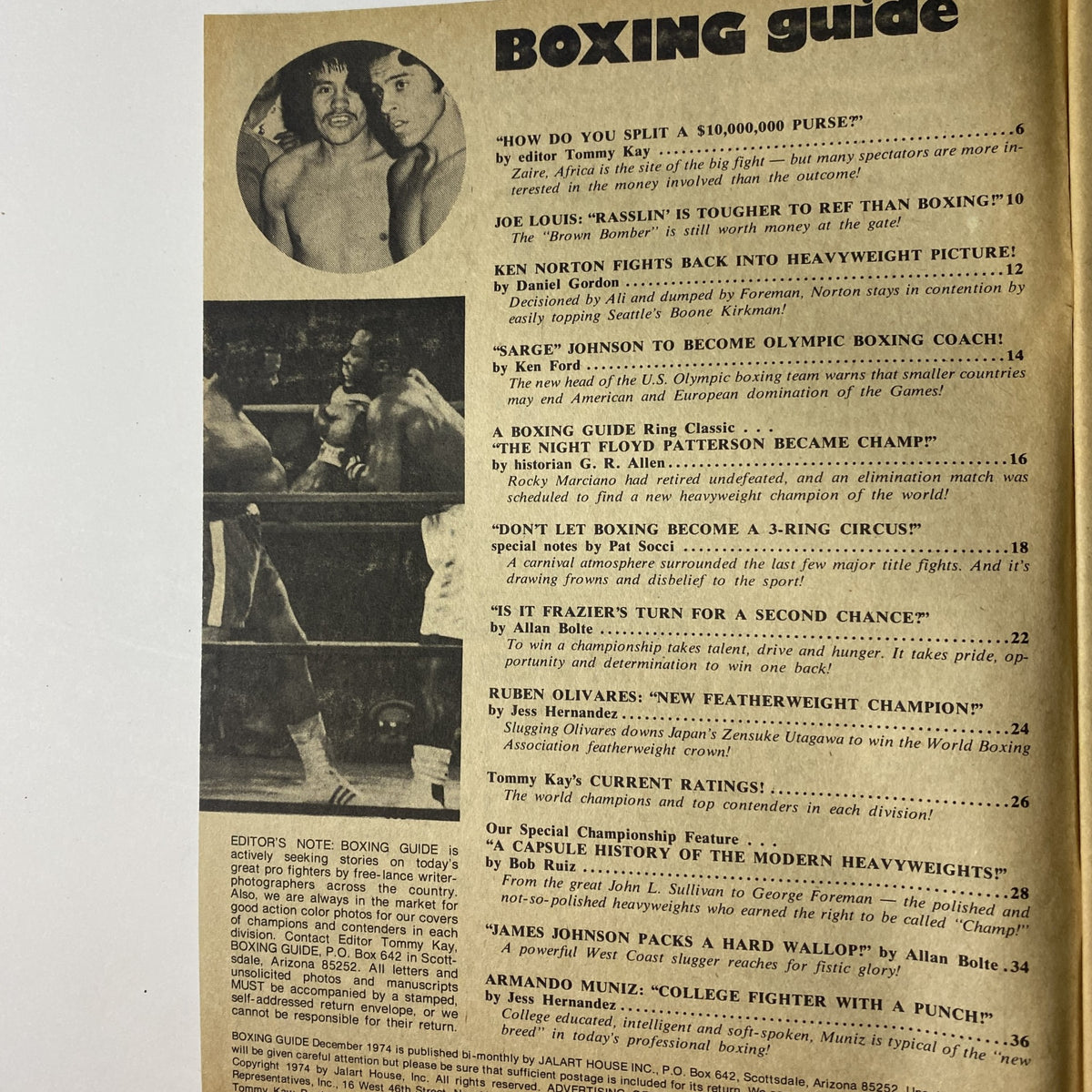 Inside page of Boxing Guide Magazine December 1974 showcasing the articles, including 'How Do You Split a $10,000,000 Purse?' and 'Ken Norton Fights Back into Heavyweight Picture.'