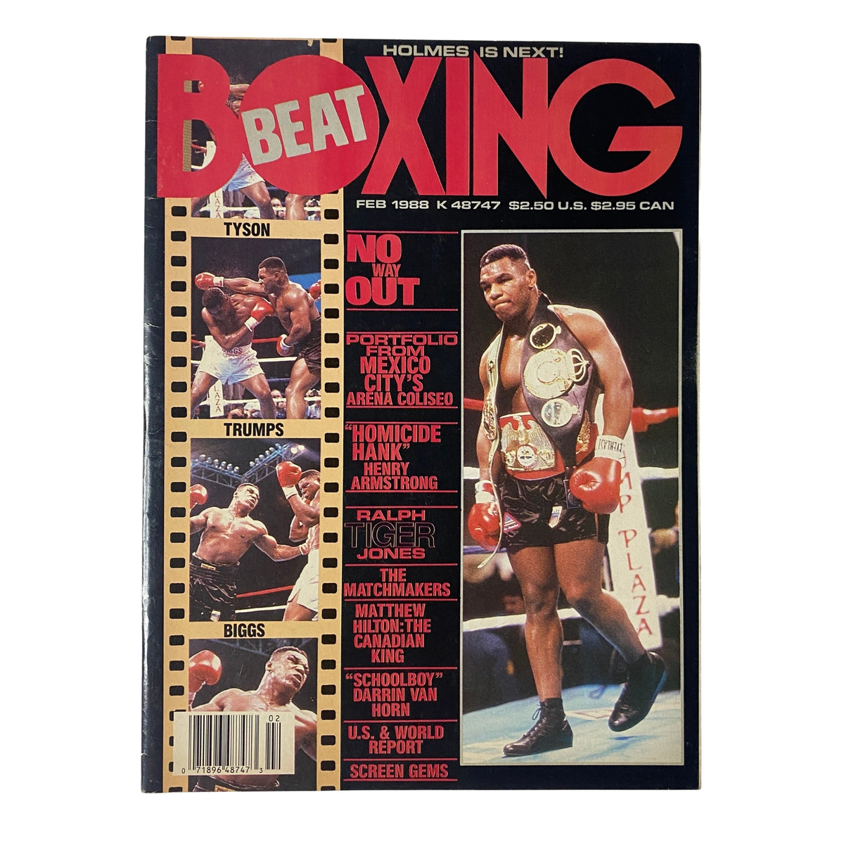 Cover of Beat Boxing Magazine February 1988 featuring Mike Tyson and Tyrell Biggs with the title 'Beat Boxing Magazine February 1988 Mike Tyson, Tyrell Biggs No Label VG', showcasing boxing action and highlights.