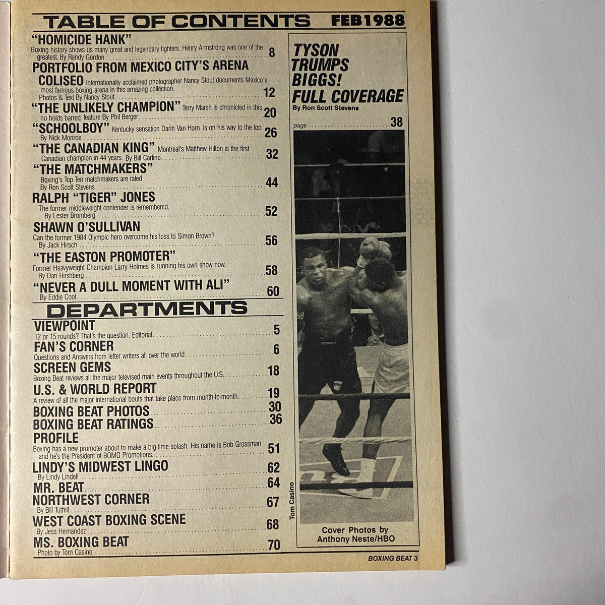 Back cover of Beat Boxing Magazine February 1988 displaying the table of contents, including articles on fighters and boxing insights, associated with the title 'Beat Boxing Magazine February 1988 Mike Tyson, Tyrell Biggs No Label VG'.