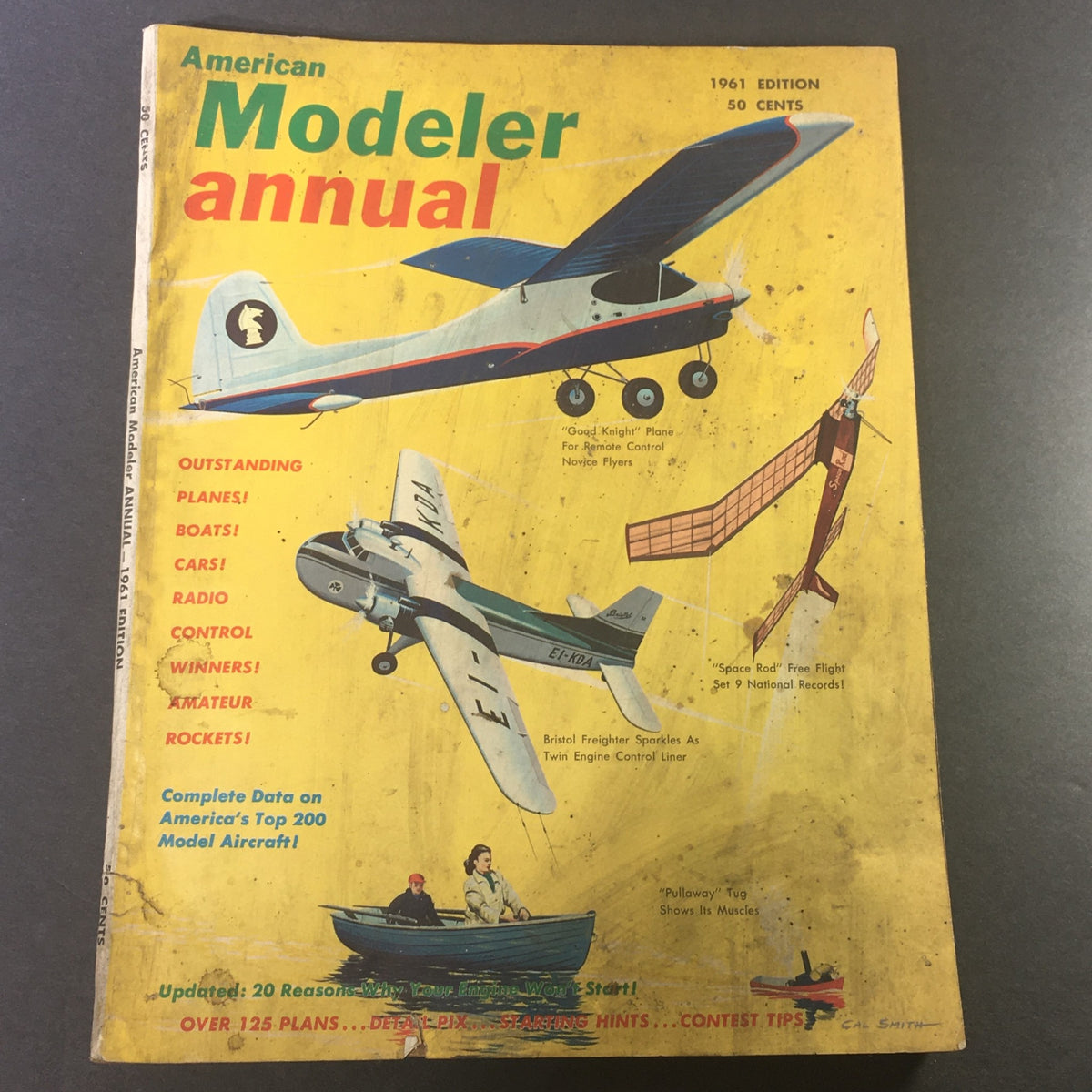 Cover of VTG American Modeler Annual 1961 Edition featuring various model designs like Good Knight, Space Rod, and Pullaway. Illustrated aircraft and boats highlight the vintage model building culture of the 1960s.
