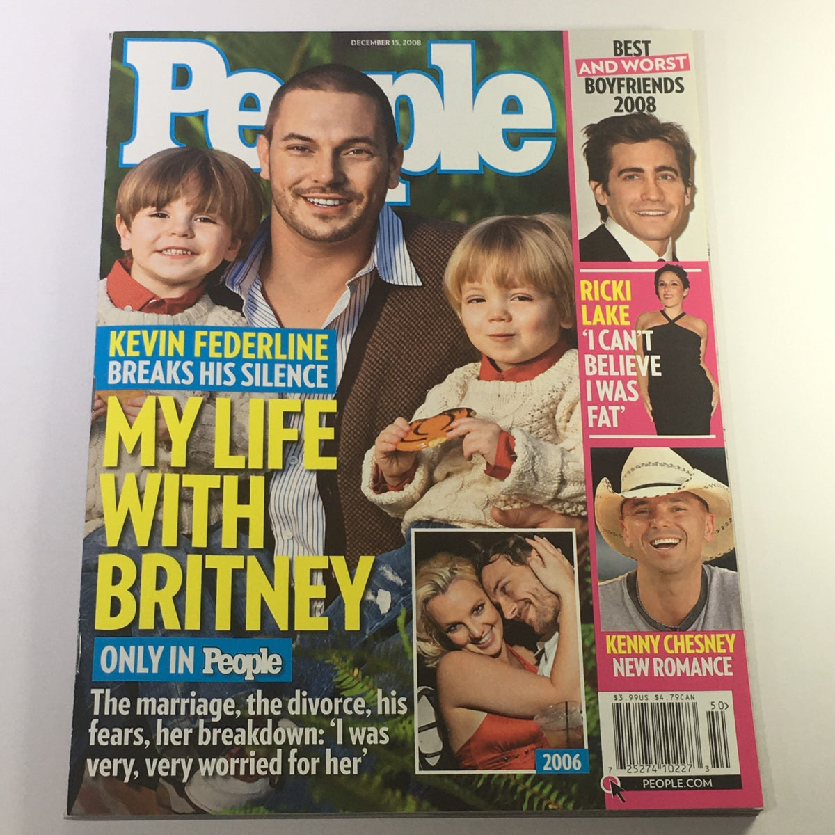 People Magazine December 15 2008 cover featuring Kevin Federline and Britney Spears, along with an article highlight 'My Life with Britney'. The magazine discusses their marriage, divorce, and personal challenges. Includes photos of Ricki Lake and highlights from the Best and Worst Boyfriends of 2008.