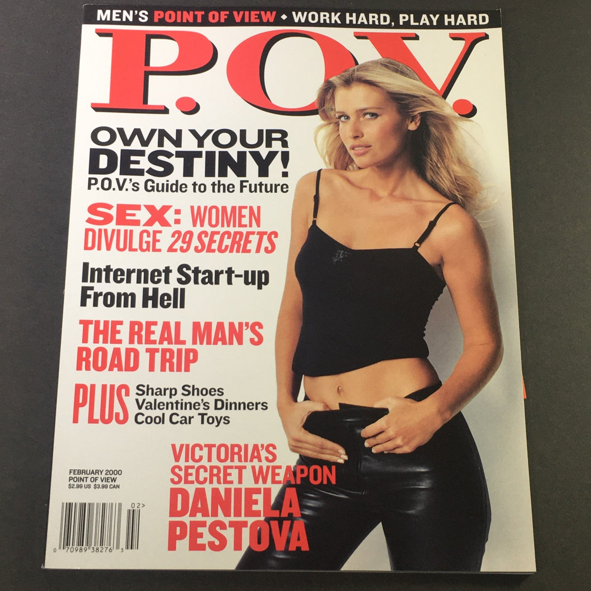POV For Men Magazine February 2000 issue featuring cover model Daniela Pestova, known as Victoria's Secret Weapon, showcasing fashion and beauty trends of the early 2000s.