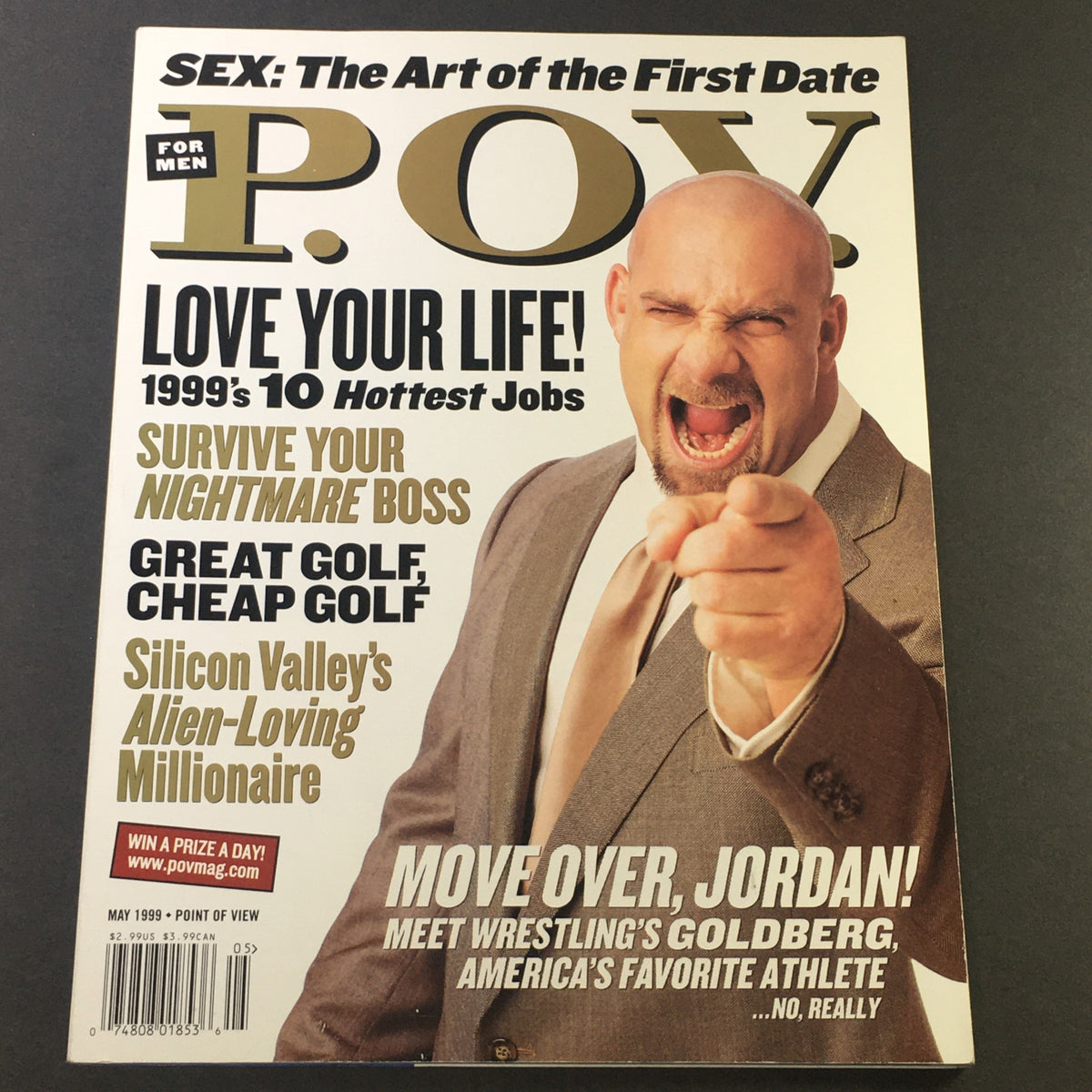 Cover of POV For Men Magazine May 1999 featuring wrestler Bill Goldberg, with headlines on golf tips and lifestyle advice, indicative of late 90s pop culture.